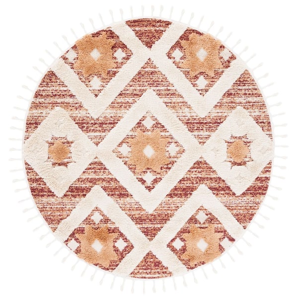 Moroccan Tassel 7 ft. x 7 ft. Rust/Ivory Geometric Round Rug