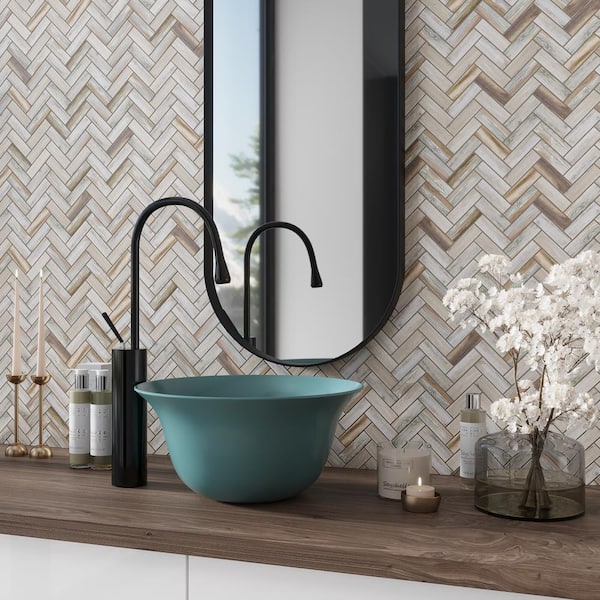 White Cream 11 in. x 12.6 in. Herringbone Matte Finished Glass Mosaic Tile (9.63 sq. ft./Case)