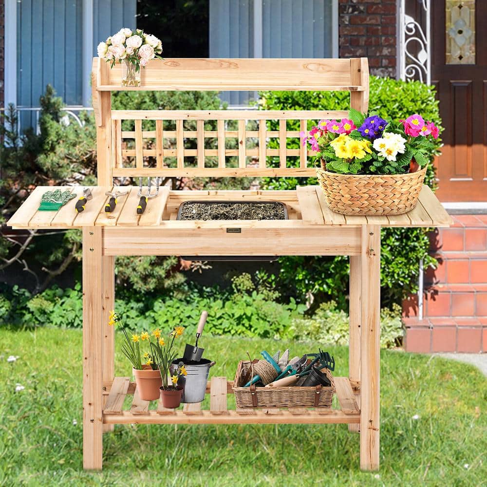 Natural Fir Wood Garden Potting Bench with Sliding Tabletop and Sink