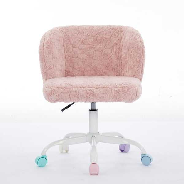 Pink Faux Fur Gaming Chair with Metal Base, Ergonomic Adjustable Swivel Desk Chair for Bedroom, Set of 1