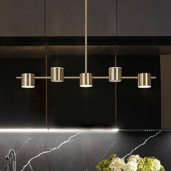 30 in. Transitional Integrated LED Island Pendant Light, 5-Light Polished Brass LED Chandelier for Kitchen, Dining Room