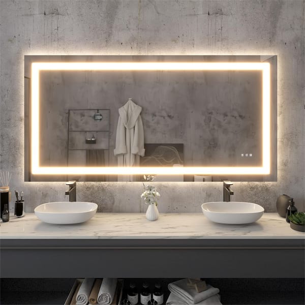 78 in. W x 36 in. H Rectangular Frameless LED Light Anti-Fog Wall Bathroom Vanity Mirror with Backlit and Front Light