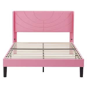 Upholstered Bed Pink Metal Frame Full Platform Bed with Headboard Wood Slat Support