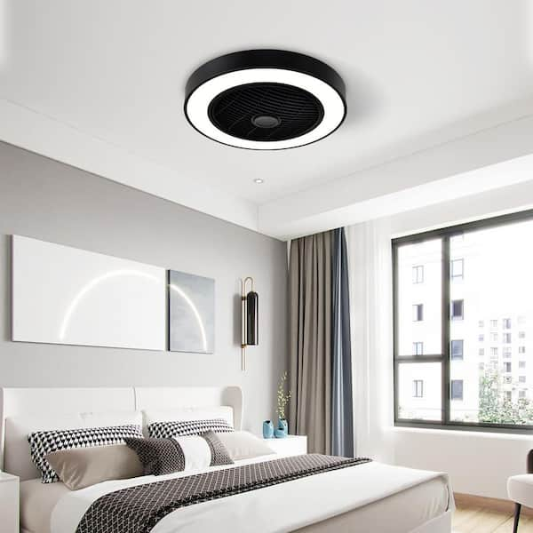 20 in. LED Indoor Modern Enclosed Black Flush Mount Ceiling Fan with Light and Remote Control