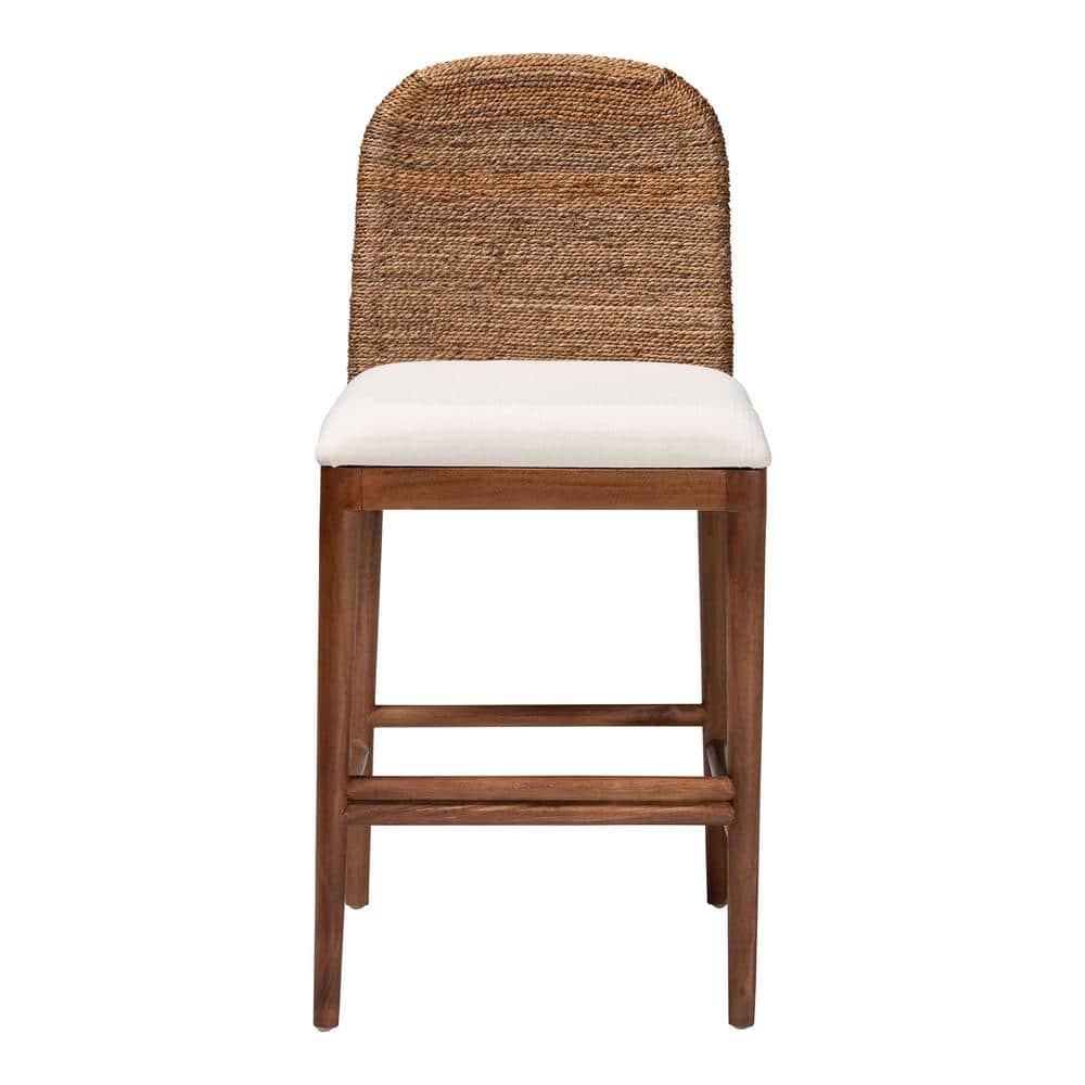 Nadim White Fabric and Acacia Wood Counter Stool with Seagrass Backrest
