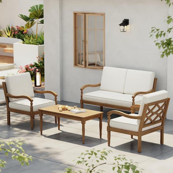 Gavin Outdoor 4 Piece Solid Wood Patio Conversation Set with Beige Cushions, Lattice Backrest, Natural Finish
