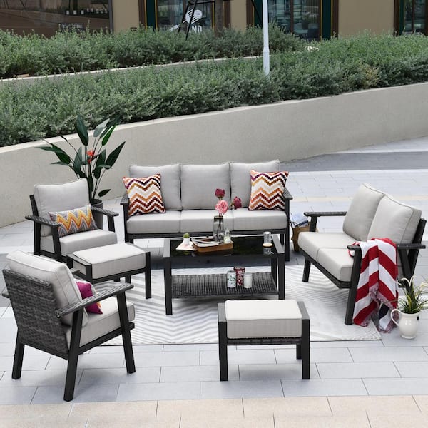 Toject Geneva Grey 7-Piece 7-Seat Wicker Metal Outdoor Patio Conversation Sofa Seating Set with Beige Cushions