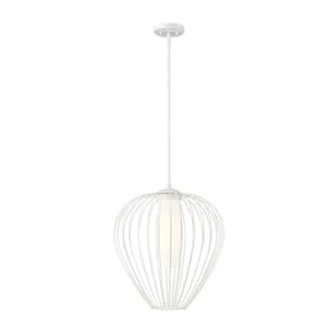 Savanti 18 in. 1-Light Textured White Shaded Pendant Light with White Opal Glass Shade, No Bulbs Included