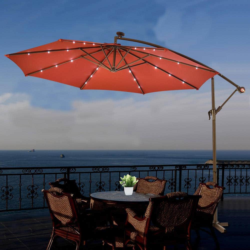 10 ft. Steel Hanging Cantilever Solar LED Patio Umbrella Sun Shade with Cro