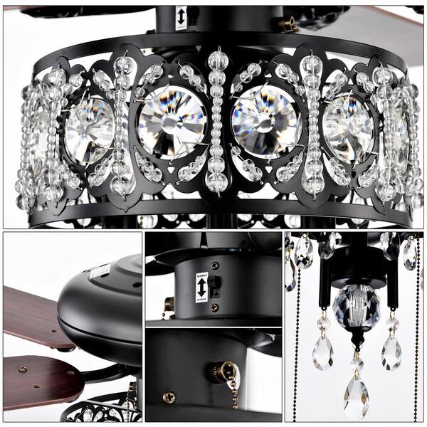 Jushua 52 in. Indoor Black Crystal Shade Ceiling Fan Lamp