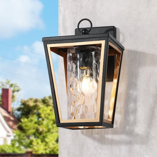 LNC Modern 1-Light Black Gold Outdoor Wall Lantern Sconce with Cylinder Water Wave Glass Shade, Porch Patio Wall Lighting