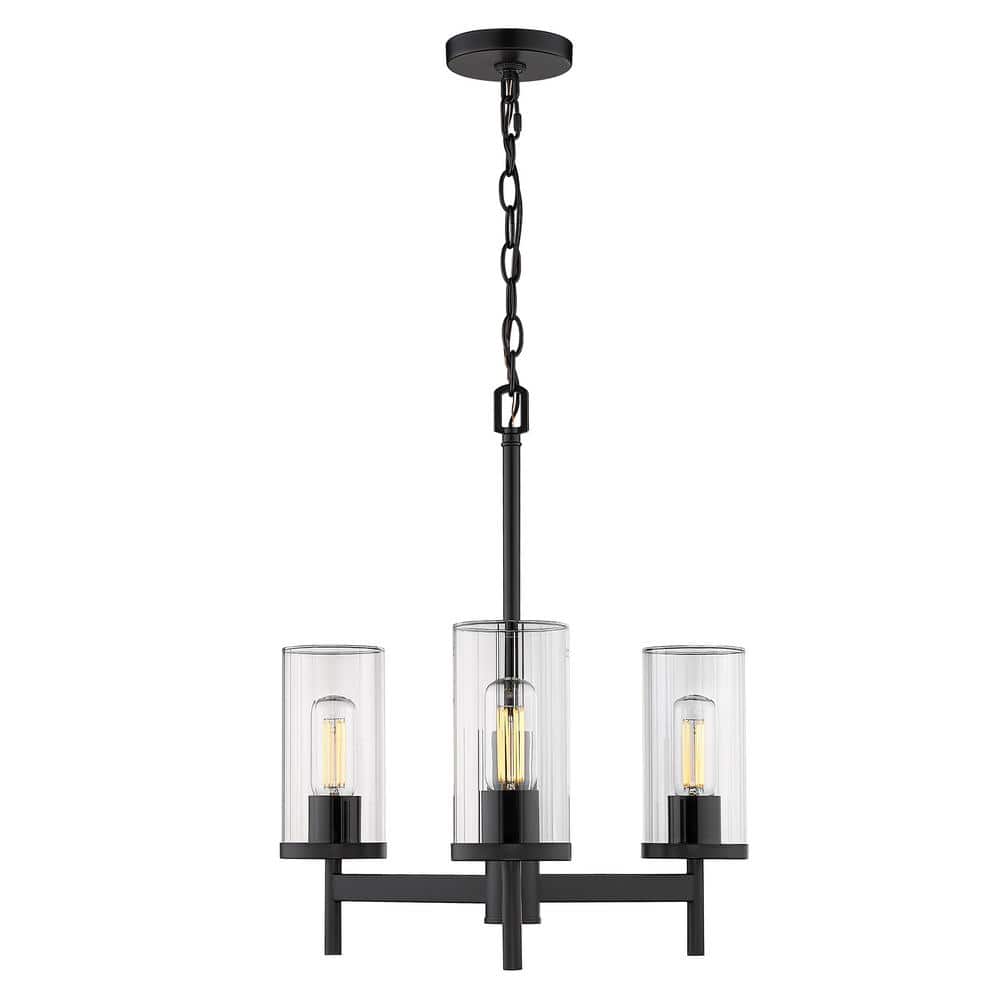 Winslett Matte Black 20" Transitional 3-Light Chandelier with Ribbed Glass