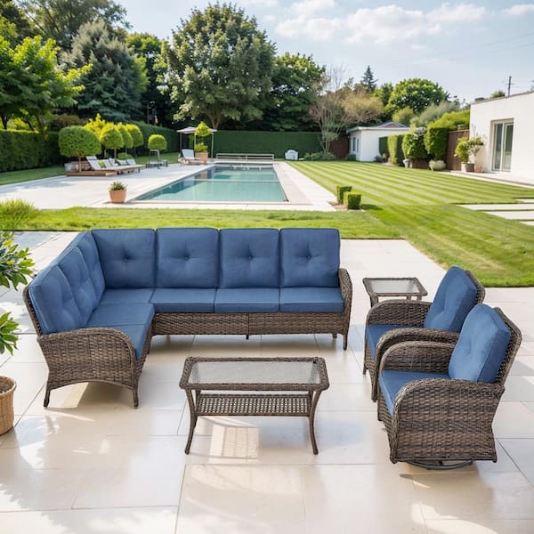 Brown 5-Piece Wicker Patio Conversation Sectional Seating Set with Navy Blue Cushions and Swivel Rockers