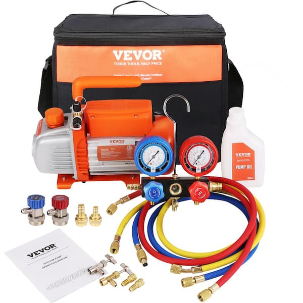VEVOR HVAC Air Vacuum Pump 1/5 HP 3.5 CFM AC Vacuum Pump Gauge Set 1-Stage  Rotary Vane with Hose Carry Bag for R134a R1234yf K35CFM150WA2L21TAV1 - The  Home Depot