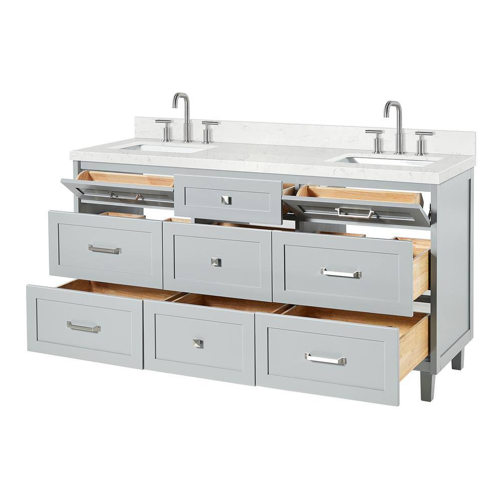 Monroe 66" Light Gray Wood Double Sink Vanity with Carrara Quartz Top