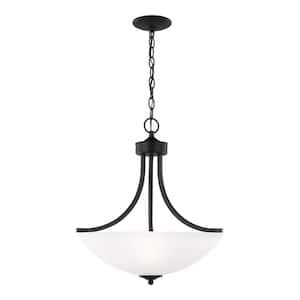 Geary Medium 3-Light Midnight Matte Black Traditional Contemporary Hanging Pendant with Satin Etched Glass Shade