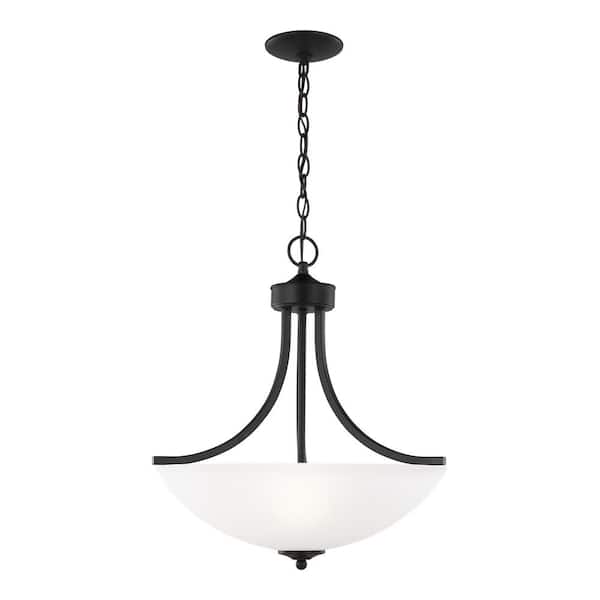 Generation Lighting Geary Medium 3-Light Midnight Matte Black Traditional Contemporary Hanging Pendant with Satin Etched Glass Shade