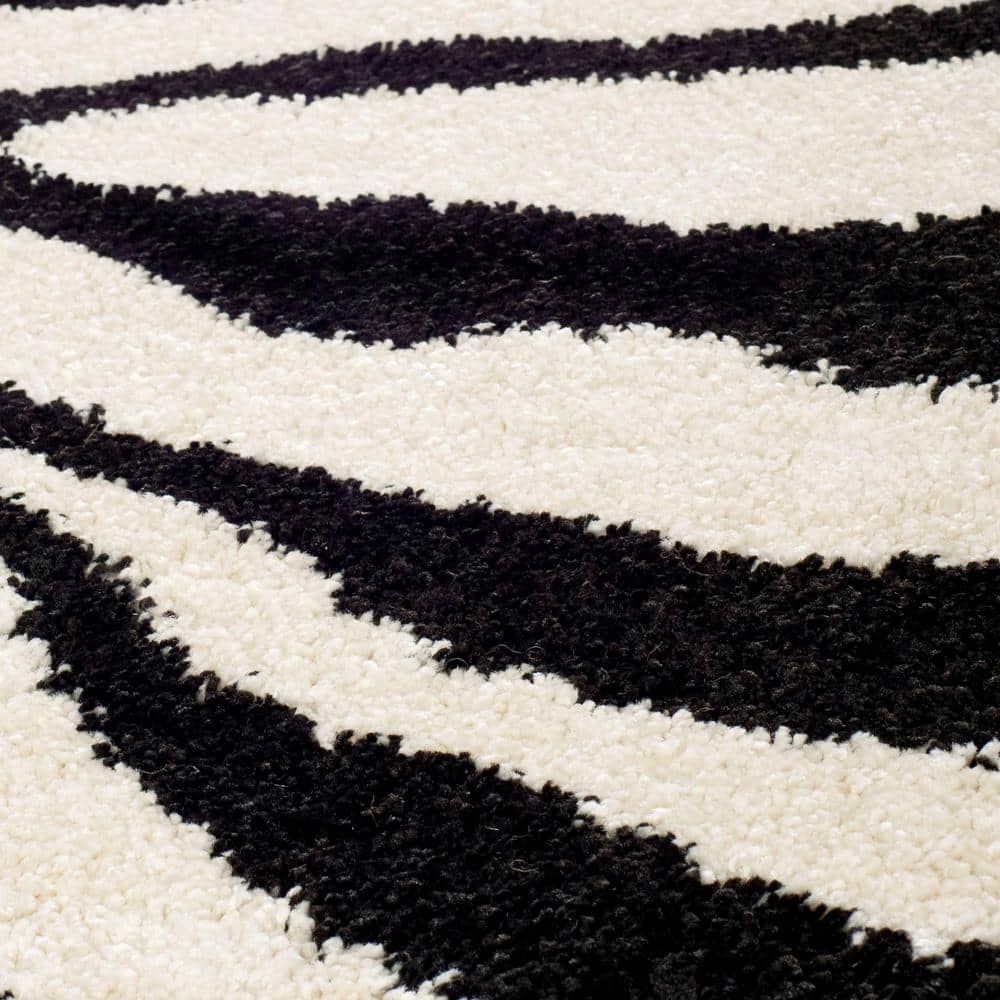 Black and Ivory Zebra Print Shag Runner Rug 2'3" x 7'