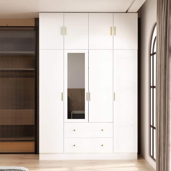 White Wood 63 in. W 8-Door Big Armoires With Mirror, 2 Hanging Rods, 2 Drawers, Storage Shelves (94.5 in. H)