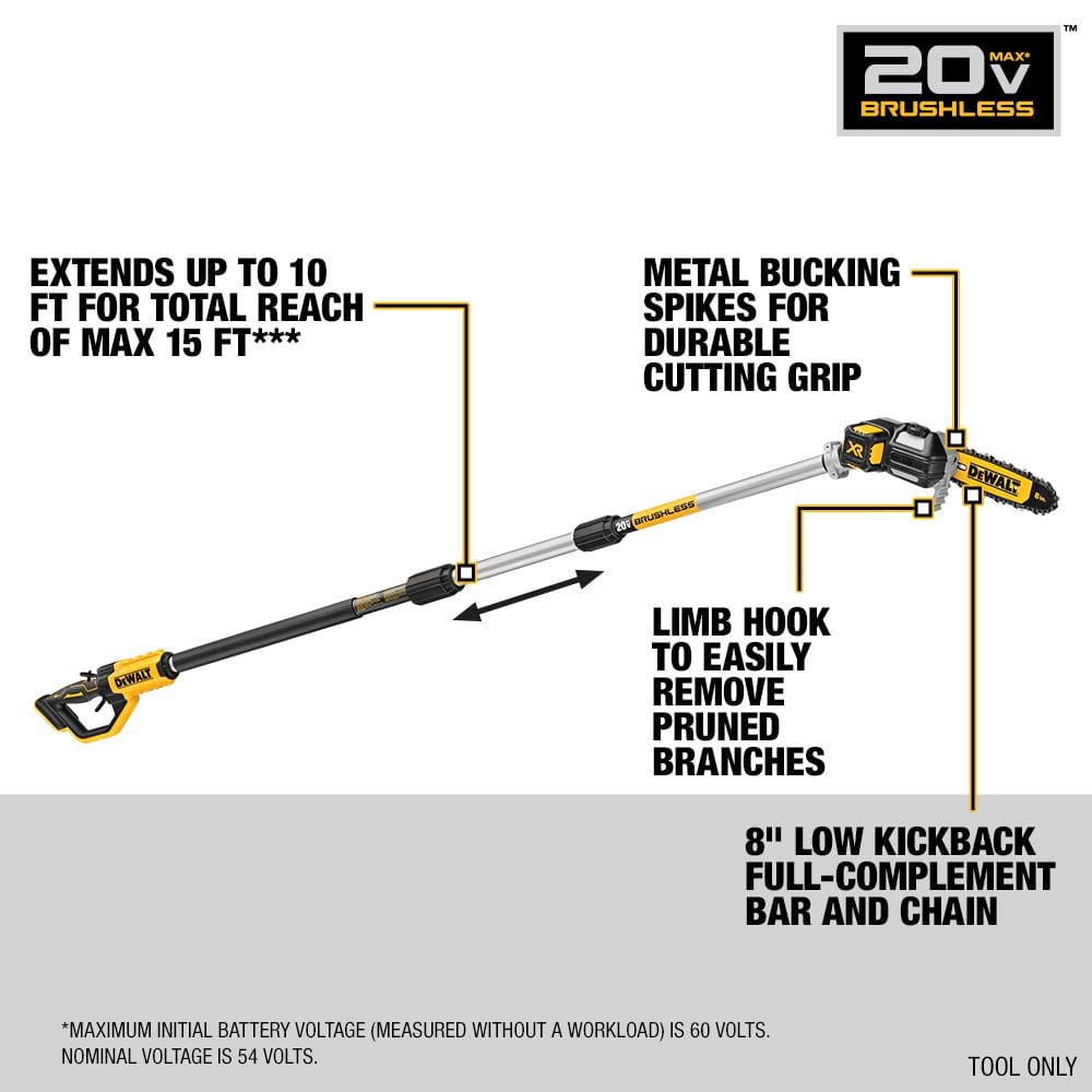 DEWALT 20V MAX 8in. Brushless Cordless Battery Powered Pole Saw (Tool Only) DCPS620B