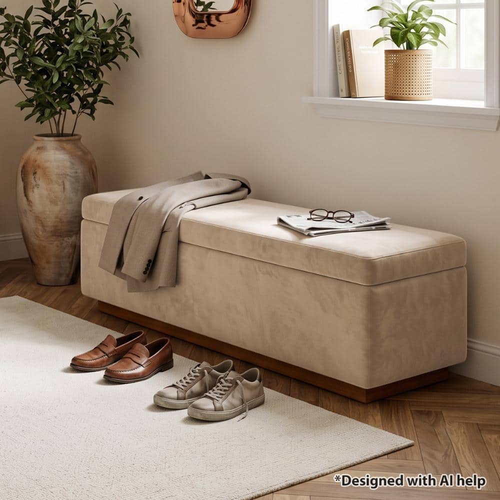 Storage Ottoman Bench, Tan Velvet Upholstered, Flip-Top Lift-Top Lid, 60" End-of-Bed Bedroom Bench