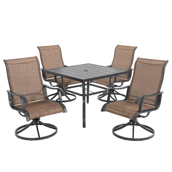 Nuu Garden Brown and Black 5-Piece Textilene and Iron Metal Outdoor Dining Set, 4-Swivel Chairs and 37 in. Square Dining Table