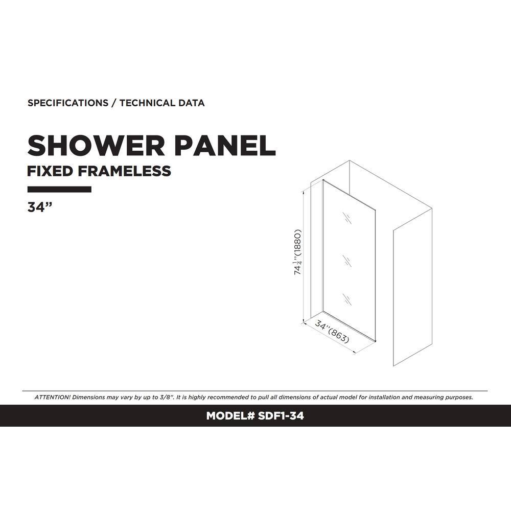 34'' W x 74.25'' H Black Frameless Tempered Glass Shower Panel