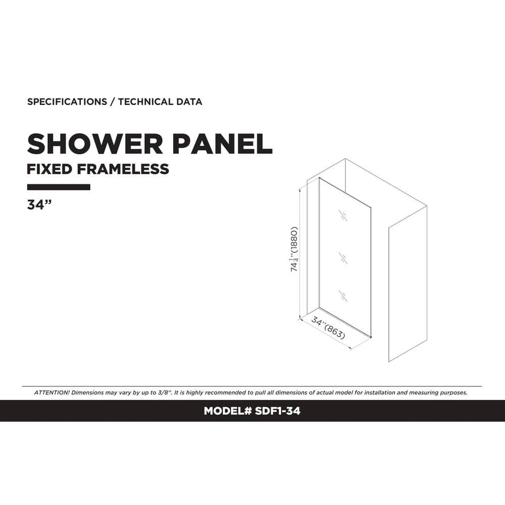 34'' W x 74.25'' H Black Frameless Tempered Glass Shower Panel