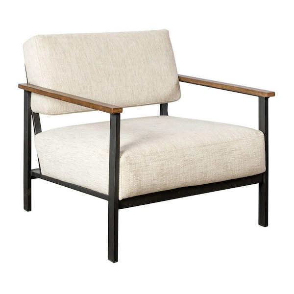 Benjara Beige and Black Fabric Oak Wood Arms Accent Chair