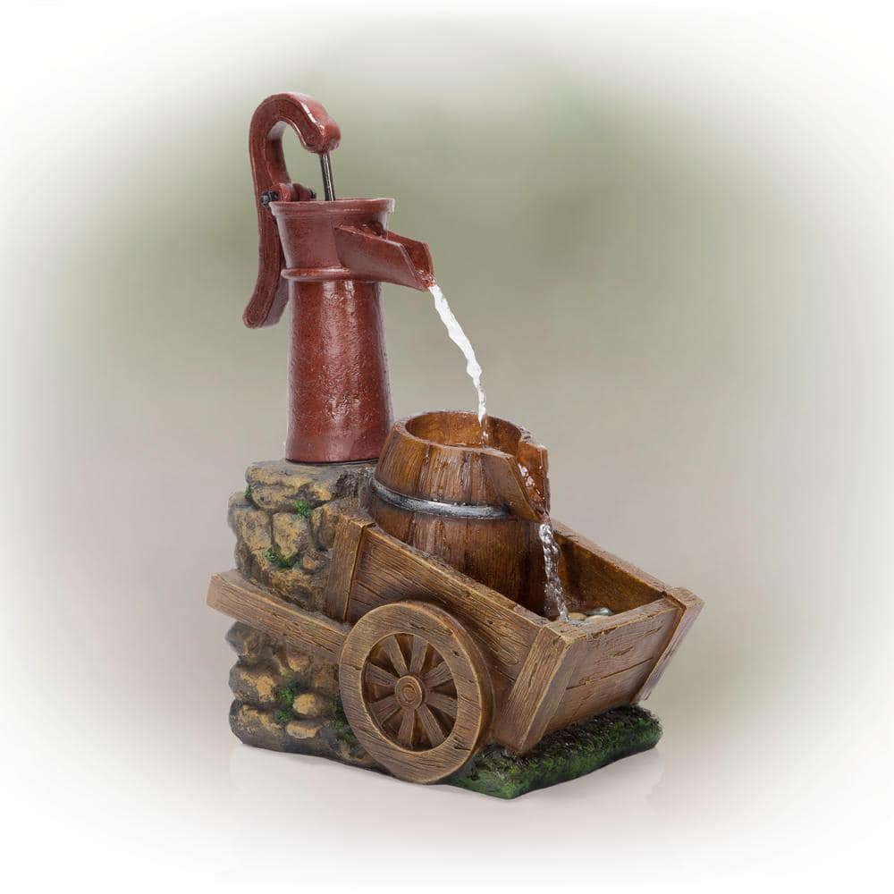 23 in. Tall Vintage Water Pump with Wheelbarrow Fountain Yard Art Decor, Mu