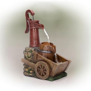 23 in. Tall Vintage Water Pump with Wheelbarrow Fountain Yard Art Decor, Multicolor