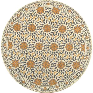 Chelsea Ivory/Blue 4 ft. x 4 ft. Round Floral Circles Border Area Rug