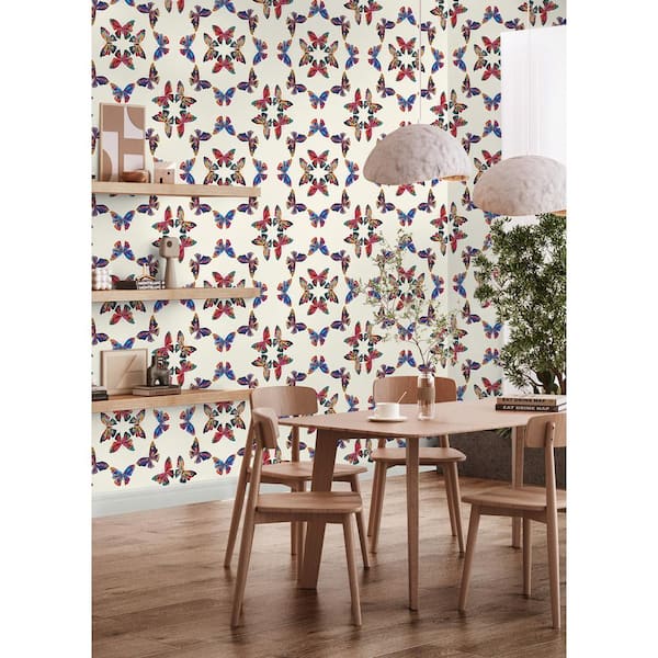 EttaVee White Cream Multi-Colored Papillon Vinyl Peel and Stick Wallpaper