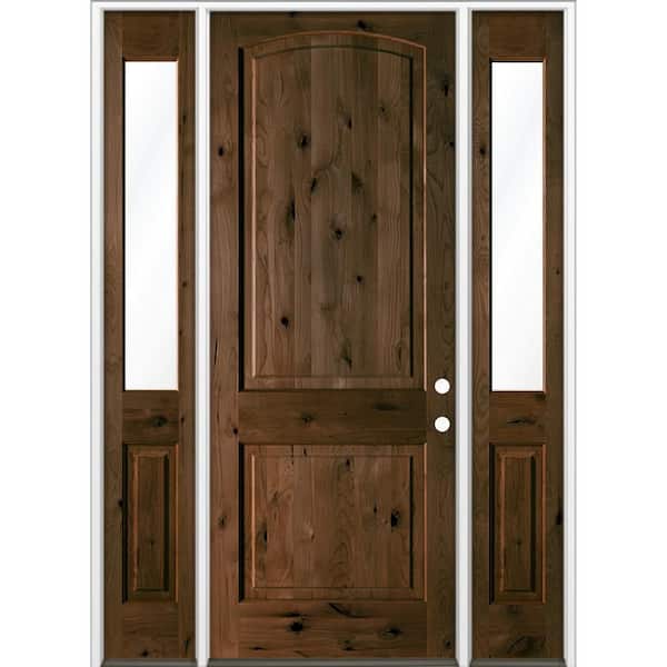 64 in. x 96 in. Knotty Alder 2-Panel Arch-Top Left-H and/Inswing Clear Glass Espresso Stain Wood Prehung Front Door DHSL