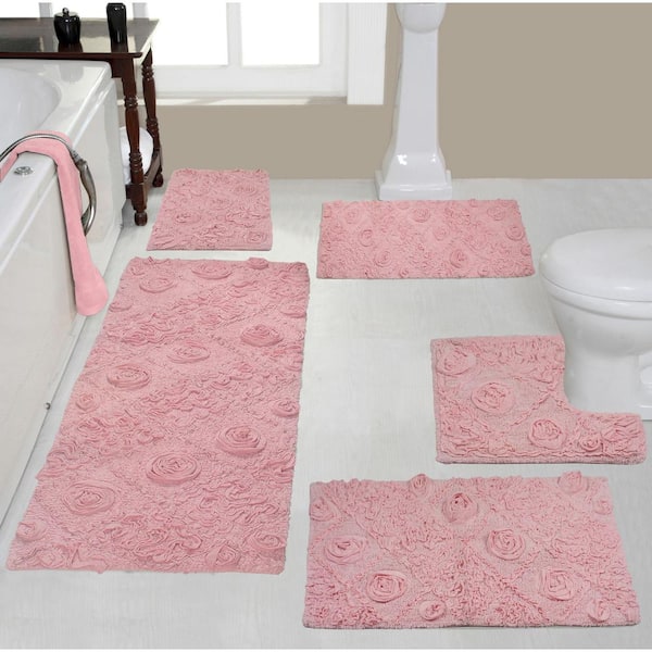 HOME WEAVERS INC Modesto Bath Rug 100% Cotton Bath Rugs Set, 5-Pcs Set with Contour, Pink
