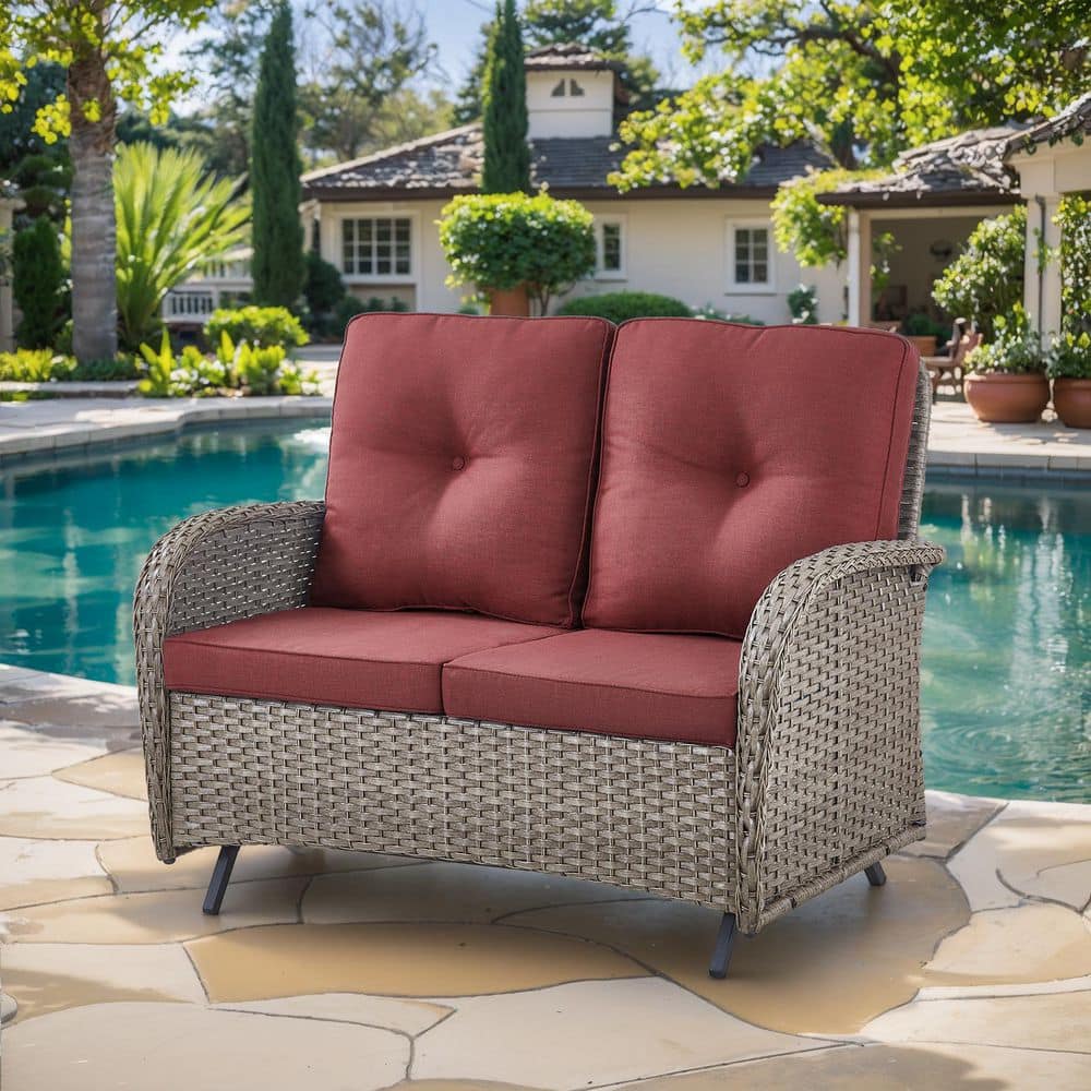 SleekArm Gray PE Wicker Outdoor Glider Loveseat with Red Cushions and Glide Function price history on PriceWatchPro