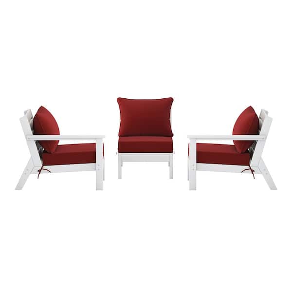 Birchwood White Arrangeable 3-Piece HDPE Deep Seating Outdoor Patio Conversation Sofa Arm Chair Set w/ Red Cushions