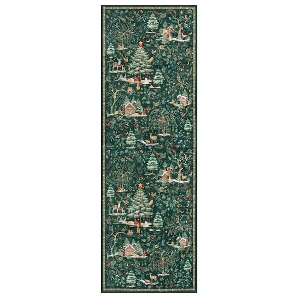 Christmas Woodland Forest Green Trees Animals Snowflake Non-Slip 2 ft. x 6 ft. Living Room/Bedroom Indoor Runner Rug