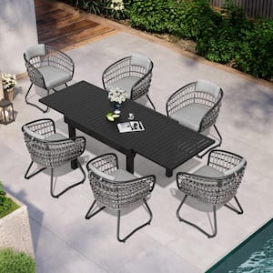 7-Piece Aluminum Outdoor Dining Set, Expandable Rectangle 83 in. Table and Steel Rattan Chairs with Gray Cushion