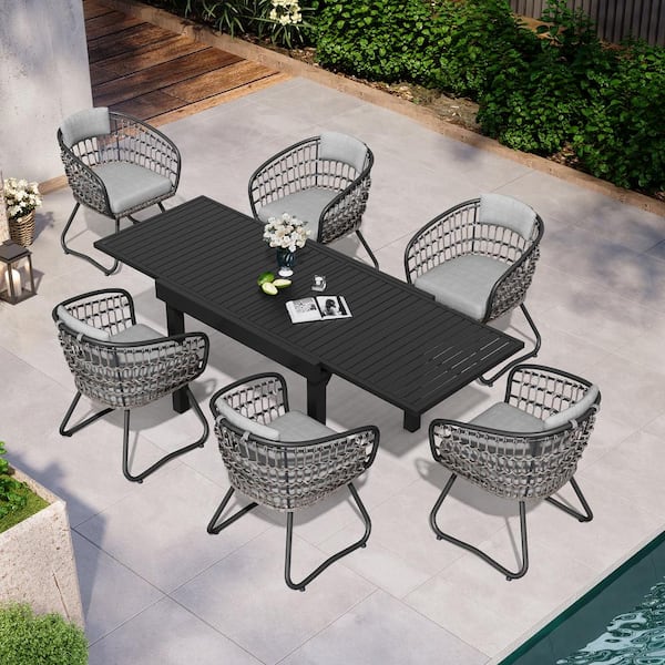 Pellebant 7-Piece Aluminum Outdoor Dining Set, Expandable Rectangle 83 in. Table and Steel Rattan Chairs with Gray Cushion