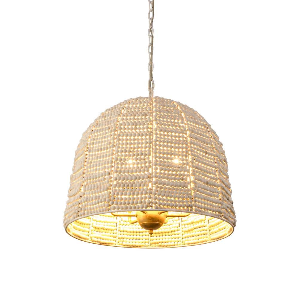 Boho 19.7 in. 4-Light Distressed White Wood Beaded Chandelier Candle Style Pendant