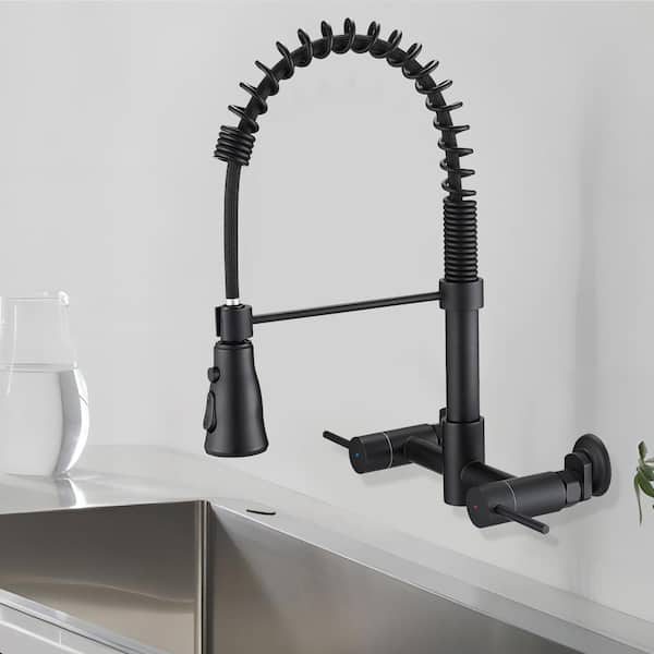 UPIKER Double Handle Wall Mounted Pull Down Sprayer Kitchen Faucet with 3 Modes in Matte Black
