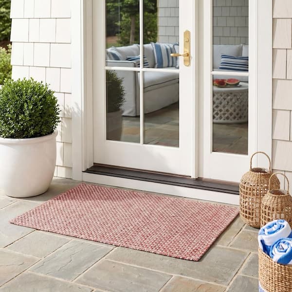 Courtyard Red/Beige Doormat 2 ft. x 4 ft. Solid Indoor/Outdoor Patio Area Rug
