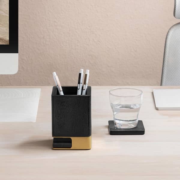 Solid Wood Pen Cup Holder with 2 Coasters
