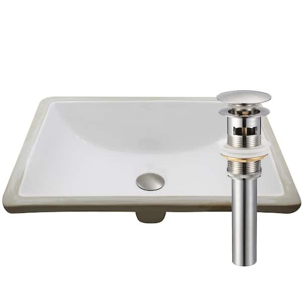 Novatto 20.25 in. Rectangular Undermount Porcelain Bathroom Sink in White with Overflow Drain in Brushed Nickel