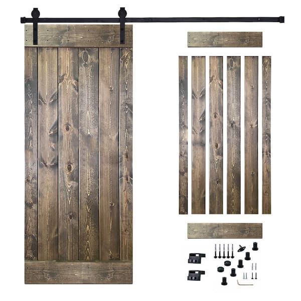 Akicon 36 in. x 84 in. Dark Brown Painted Wood Sliding Door with Hardware Kit, Pre-Drilled Ready to Assemble