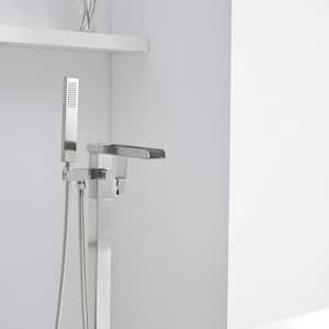 Waterfall Single Handle Floor Mount Freestanding Tub Faucet Bathtub Filler with Hand Shower in Brushed Nickel