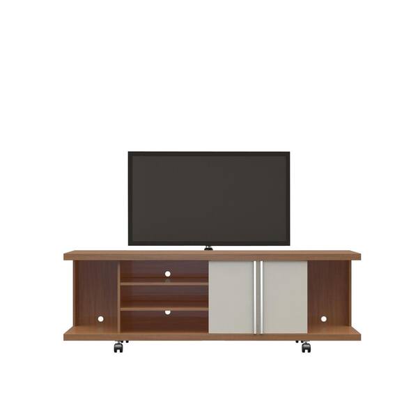 Manhattan Comfort Carnegie 71 in. Maple Cream and Off White Engineered Wood TV Stand Fits TVs Up to 60 in. with Storage Doors