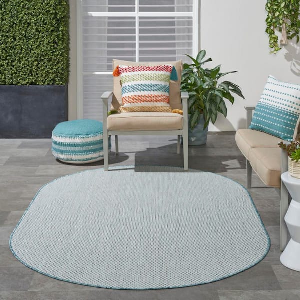 Courtyard Ivory/Aqua 5 ft. x 8 ft. Oval Solid Geometric Contemporary Indoor/Outdoor Area Rug