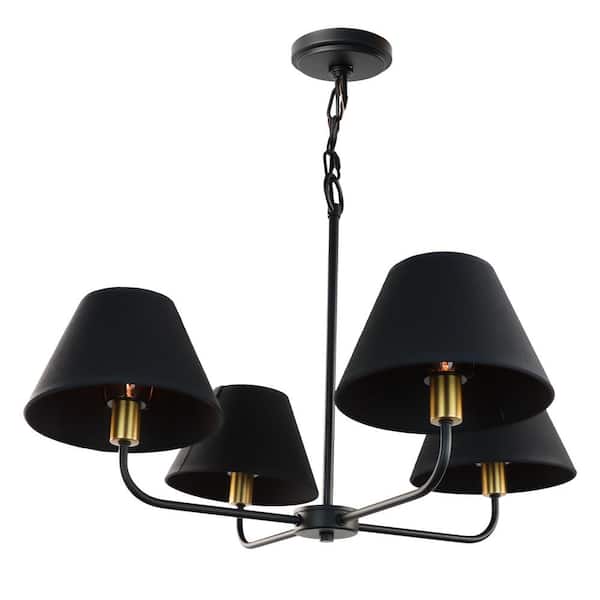 4-Light Black Height Adjustable Chandelier Light Fixture with Fabric Shades